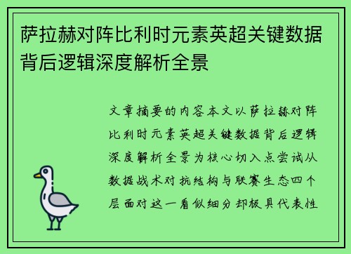萨拉赫对阵比利时元素英超关键数据背后逻辑深度解析全景 萨拉赫对阵比利时元素英超关键数据背后逻辑深度解析全景